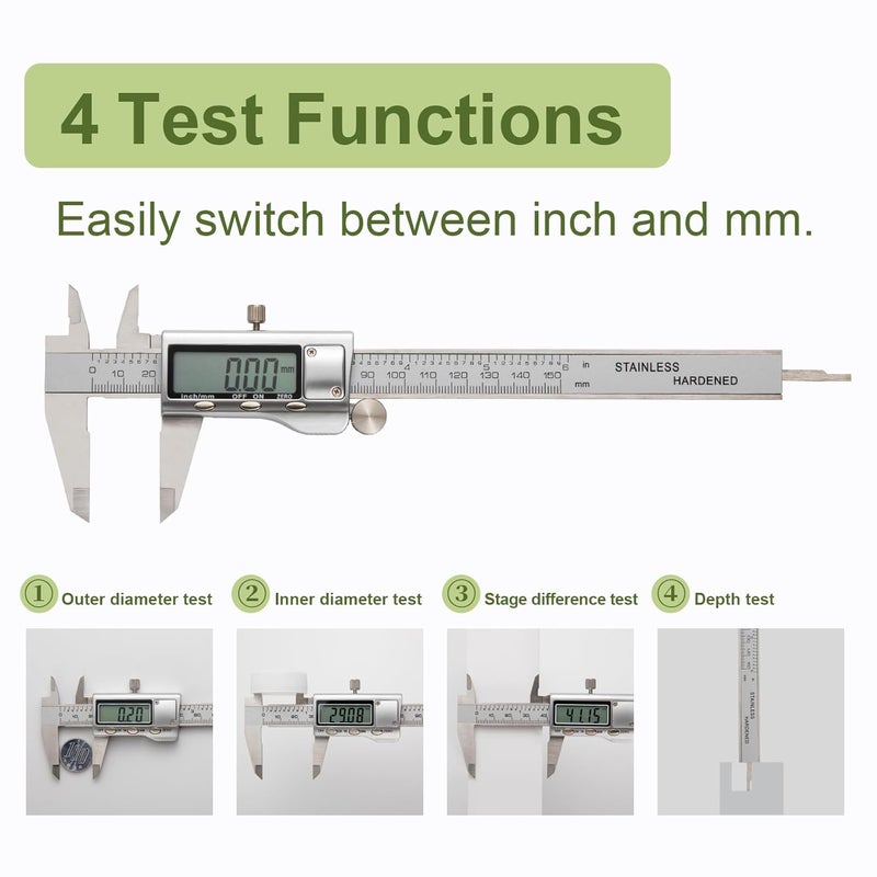SCITOOLS All-Metal Digital Caliper 0-6" Measuring Tool, Micrometer Caliper with Auto-Off Feature, Interchangeable Between inches and millimeters for DIY/Household and 3D Printing - Image 3